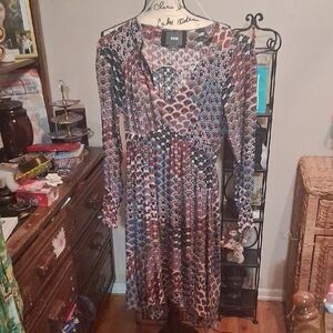 Anthropologie Maeve Long-Sleeve V-Neck Patterned Midi Dress Size XSP